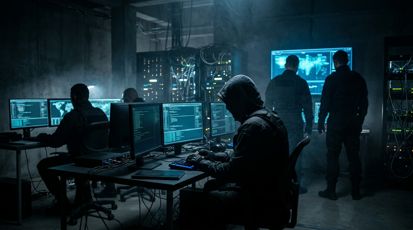 Stlmený priestor kybernetickej bezpečnosti: tím pri obrazovkách, atmosféra exkluzívneho zákulisia
